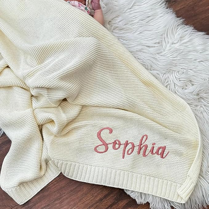 Luxury Personalized Name Knitted Baby Blanket -Embroidered, Soft Breathable Cotton Knit for Newborns - Valentine's Gift for New Moms, Baby Boy, Girl Birthday, Christmas.