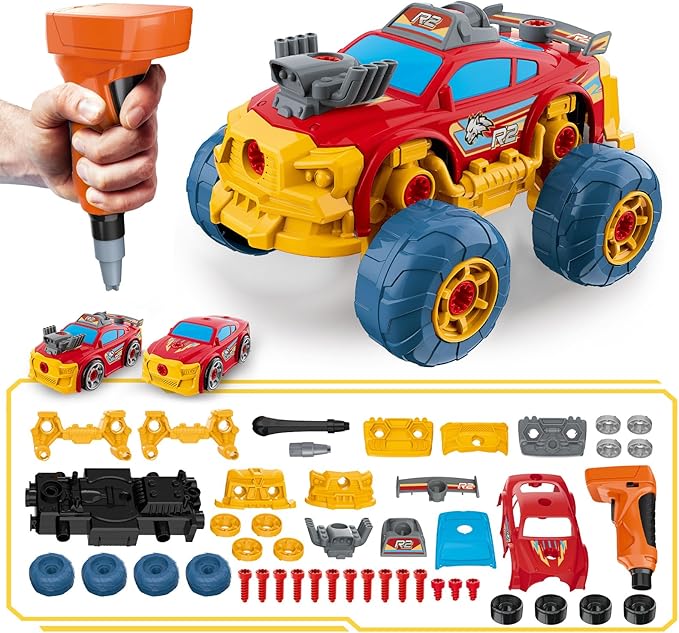 3-in-1 Take Apart Car for Boys with Electric Drill, 46Pcs Construction Toy Truck, Build Your Own Toy Car with Play Tools, Ideal STEM Gift for Kids Children Ages 3 4 5 6 7 8 9 Year Old Red