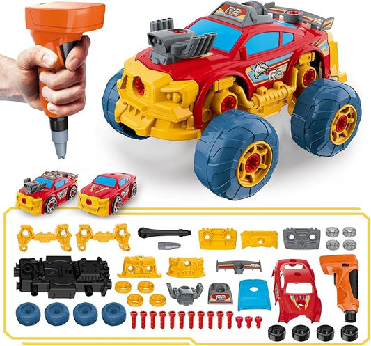 3-in-1 Take Apart Car for Boys with Electric Drill, 46Pcs Construction Toy Truck, Build Your Own Toy Car with Play Tools, Ideal STEM Gift for Kids Children Ages 3 4 5 6 7 8 9 Year Old Red