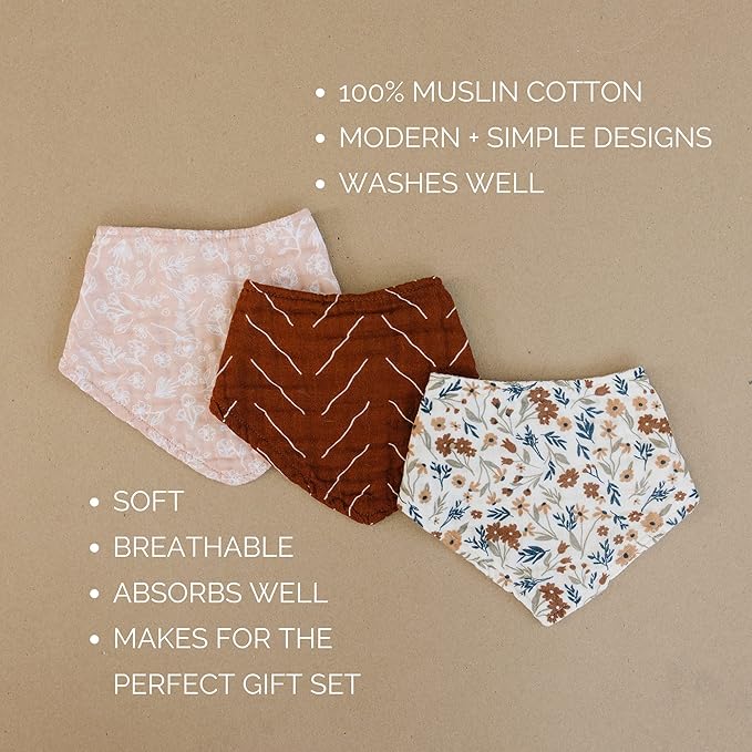 Mebie Baby Muslin Cotton Bib, 3 pack, Baby Bib Set for Burp, Spit Up, Drool, Bandana Bibs for Baby Boy or Baby Girl