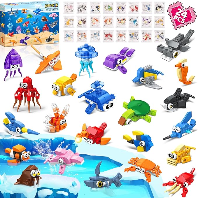 24 Packs Party Favors for Kids, 637 PCS 24in1 Marine Animals Small Fish Toys Mini Building Blocks Set for Goodie Bag Stuffers Classroom Prizes, Easter Birthday Gift for Boys Girls Ages 6-12
