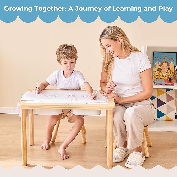 Sensory Table for Toddlers 1-3 with 2 Chairs & Roll Paper, Wooden Kid Activity Table Chair Set with Double-Sided Boards and 2 Storage Bins for Sand and Water Play