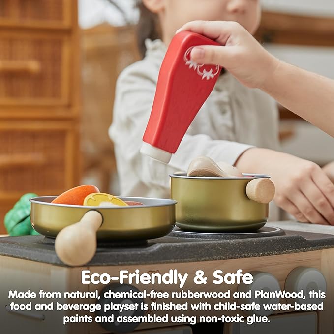 PlanToys® Wooden Food & Beverage Pretend Play Set | Montessori Kitchen Toys for Toddlers & Kids | Eco-Friendly Wooden Role Play Food | Includes Milk Carton, Juice, Water, Ketchup, Jam & Honey