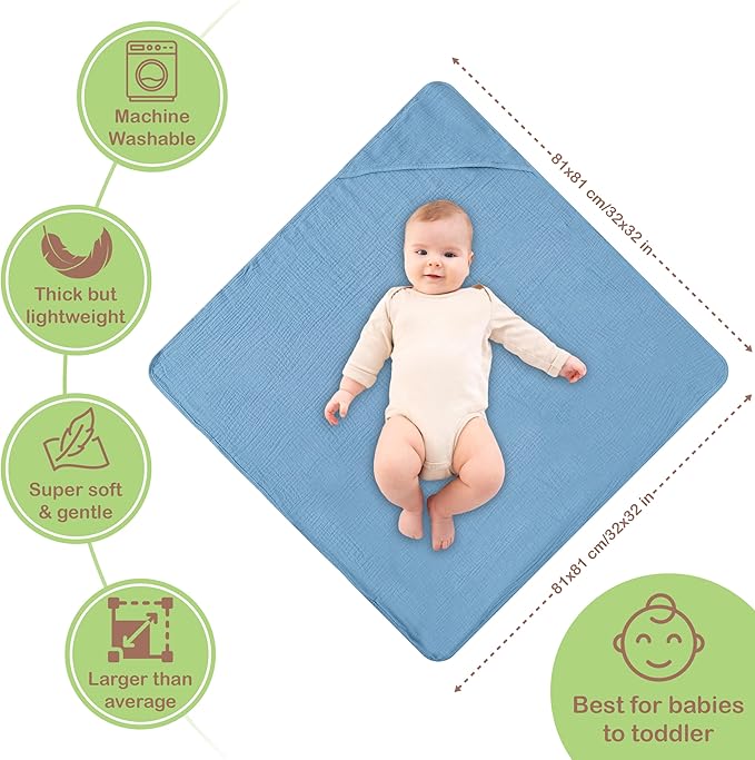 Organic Cotton Muslin Baby Hooded Towels - 32x32 Inch, 2 Pack Newborn Bath Towels for Boys & Girls, Soft & Absorbent Bath Set (Deep Blue/Aquarius)