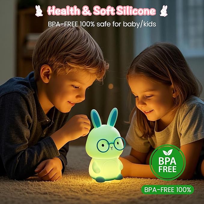 Bunny Night Light for Kids, Soft Silicone Nursery Lamp, 7-Color Glow, 3-Level Dimmable Warm Light, Tap Control, 30Min Timer, Rechargeable, BPA-Free, Easter & Birthday Gift, Baby Room Decor, Green