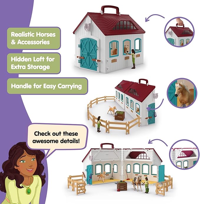 schleich Horse Club - 60PC Little Horseshoe Open Stable Playset - With 2 Horse Figurines, Action Figure, Stable and Accessories - Toy Horses for Girls and Boys - Kids Ages 5+ | 42703