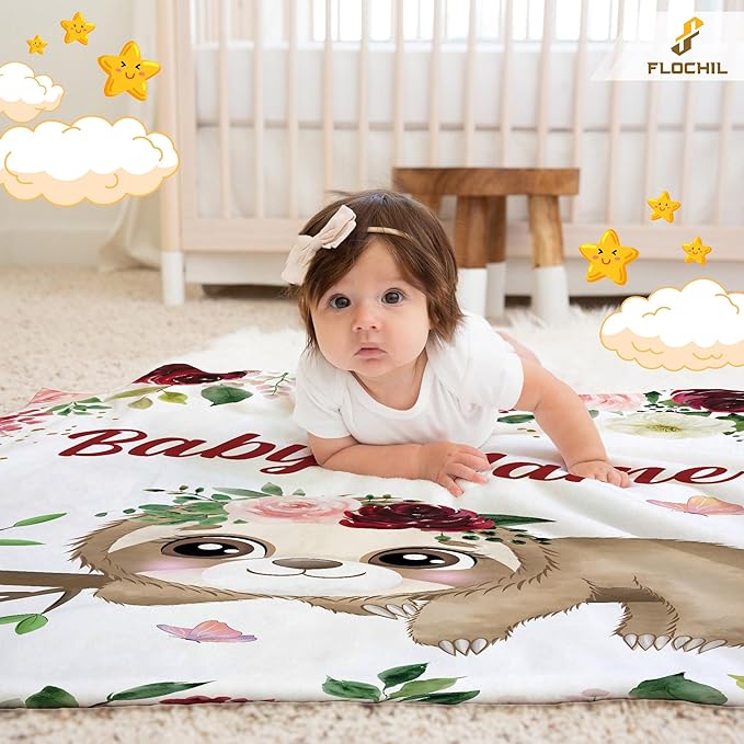 FLOCHIL Personalized Baby Blanket for Girls, Custom Baby Blanket with Name, Customized Baby Products, Gift for Baby, Newborn, Baby Shower (Sloth)