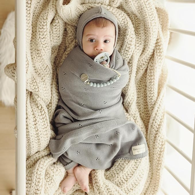 Organic Unisex Pointelle Receiving Swaddle Blanket for Boys & Girls - 100% Luxury Organic Soft Cotton Knit Warm Cozy Cuddle Stroller f Blanket for Newborns Infants & Toddlers (Dove Grey)