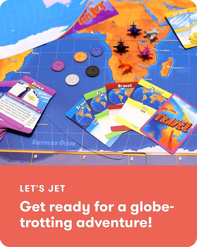 SimplyFun Let’s Jet World Geography Game - Educational Board Game for Kids Ages 8+ - World Travel Game with Map, Cards, and Jet Pawns