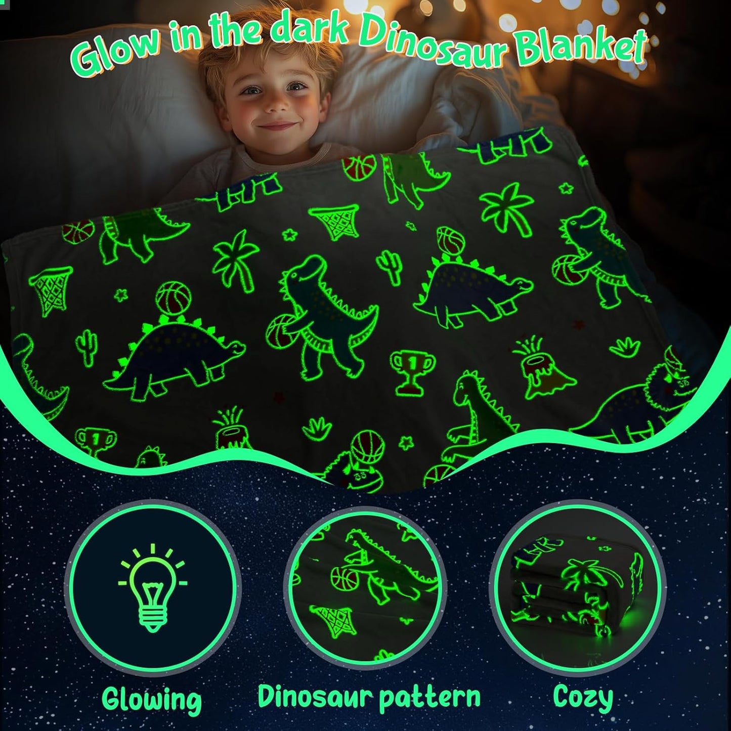 Dinosaur Toy Gifts Blankets Glow in The Dark for Boys Girls, Dino Basketball Hoop Bed Decor for Kids Teens, Fun Dinosaurs Toys Gift for Age 3 4 5 6 7 8 9 10 Year Old Kids Birthday Christmas