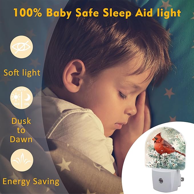 Winter Cardinal Pine Tree Night Light, Christmas Snow Red Cardinal Dusk to Dawn Night Light Plug in,0.5w Energy Saving Sleep Friendly NightLight for Kids Boys Girls Home Decor