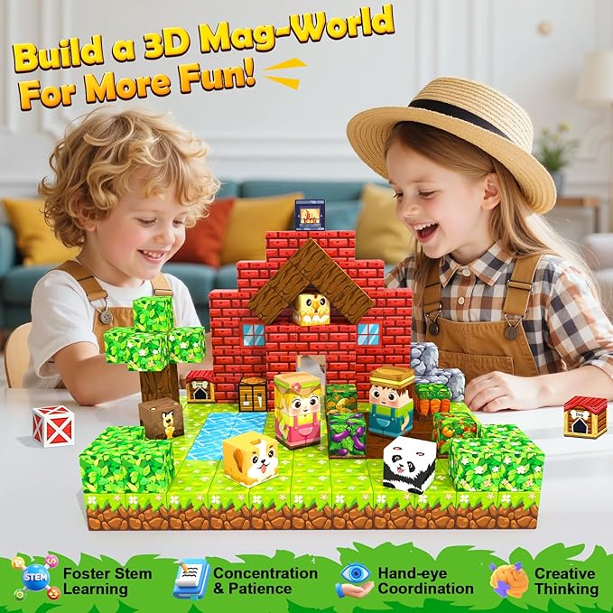 Magnetic Blocks, Build Mine Magnet World Forest Farm Edition, Magnetic Building Blocks for Kids Ages 4-6 6-8 8-12, Sensory STEM Toys for Boys & Girls