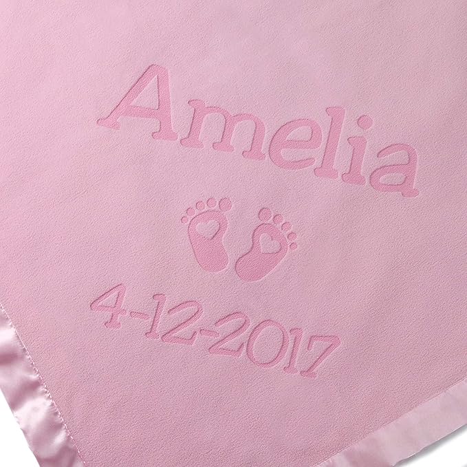 Custom Catch Personalized Newborn Gift Baby Blanket for Girl - Name with Infant Heart Feet Design - Pink or Blue (Multi-line Text)