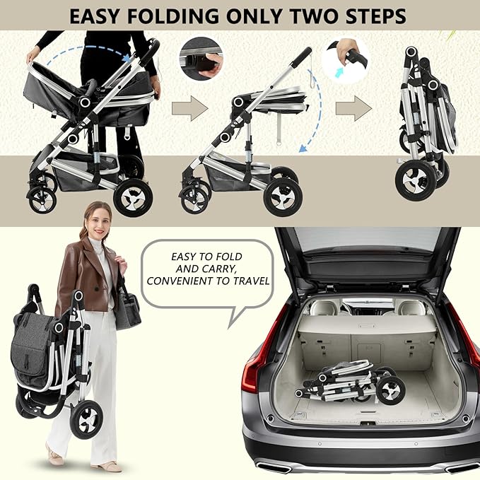 Kinder King 2 in 1 Convertible Baby Stroller, Folding High Landscape Infant Carriage, Newborn Reversible Pram, Diaper Bag, Anti-Shock Toddler Pushchair Stroller, Dark Grey