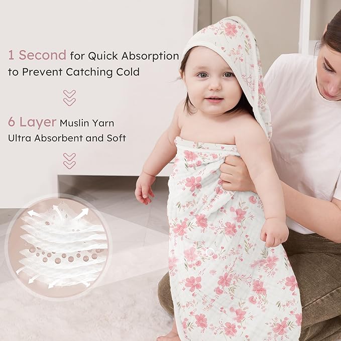 Looxii Baby Bath Towels 2 Pack Muslin Hooded Baby Towels for Newborn and Infants, 100% Cotton, Large 32x32Inch, Soft and Absorbent Pink+Flowers