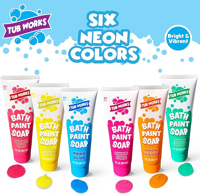Tub Works® Bath Paint Soap Bath Toy, Neon 6 Pack | Non-Toxic | Washable Bathtub Paint for Finger Painting on Tub Walls | Ideal Toddler Bath Toys for Creative Play | Easy to Clean, Fun Paint Soap