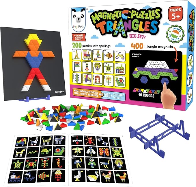 Magnetic Tangram Puzzles Toys for Kids | 400 Magnet Triangles Shapes with 200 Patterns Booklet, Board & Display stand | STEM Educational and learning Games for Ages 4 5 6+ Years|Gifts for Girls & Boys