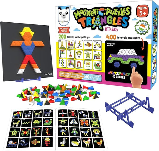 Magnetic Tangram Puzzles Toys for Kids | 400 Magnet Triangles Shapes with 200 Patterns Booklet, Board & Display stand | STEM Educational and learning Games for Ages 4 5 6+ Years|Gifts for Girls & Boys