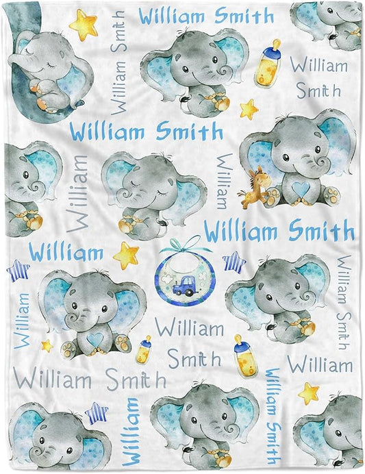 Personalized Elephant Baby Blanket for Boy Girl Custom Name Blanket for Baby Shower Customized Birthday Christmas Newborn Gifts