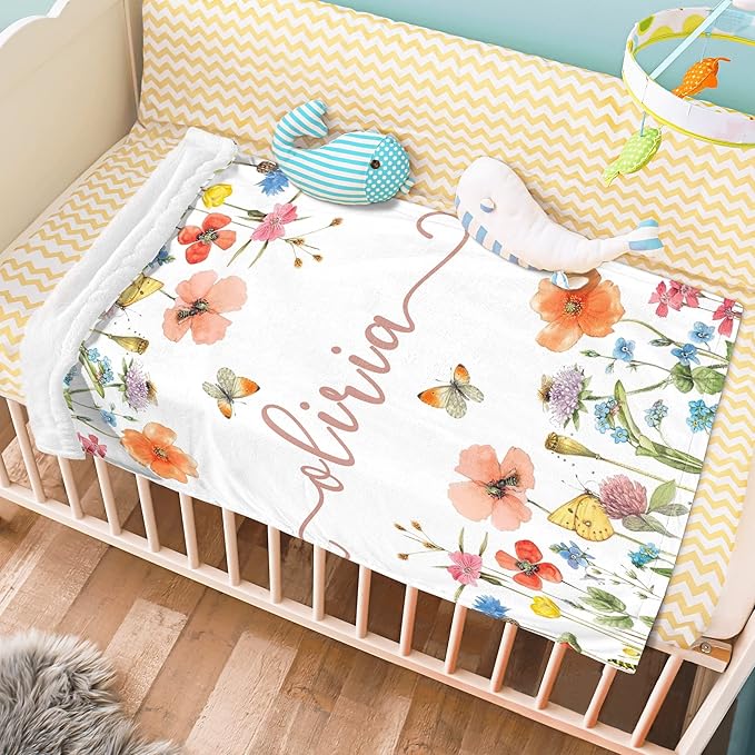 Personalized Swaddle Baby Blankets with Name Plants Flowers, Customized Floral Nursery Blanket for Girls, Newborn Shower Gifts for Baby Girls, Christmas Birthday Gift