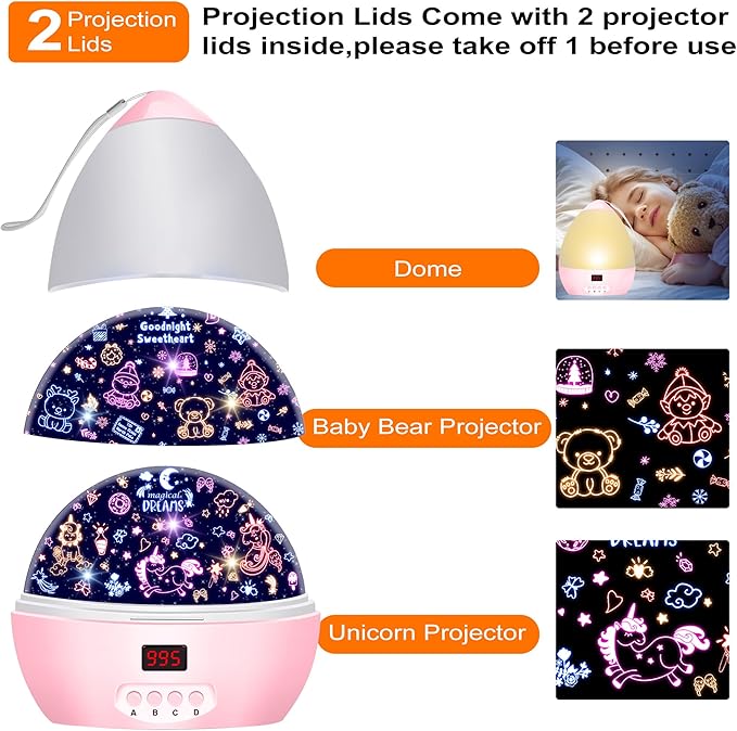 Kid Unicorn Night Light for Girls, and Baby Bear Night Lights Rotating Light Projector with Timer Color Changing Birthday Gifts for 3-5-10 Year Old Girls