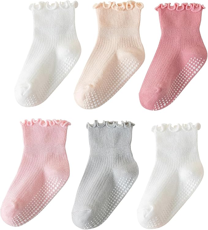 6 Pairs Toddler Ruffle Socks for Girls Baby Grip Socks Non Slip Socks Cute Grippy Frilly
