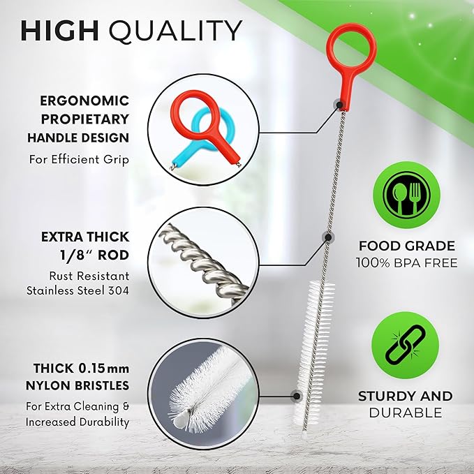 Heavy Duty Cleaning Brushes Set of 8 - Extra Long Straw Cleaners for Metal and Plastic Reusable Drinking Straws, to Clean Small Spaces, Sippy Cups, Water Bottles - Sturdy Hard Brush Bristles