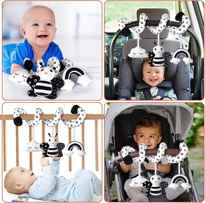 Car Seat Toys, Infant Baby Spiral Activity Hanging Toys Stroller Toys for Car Seat Stroller Bar Crib Bassinet Mobile with BB Squeaker and Rattles (Bee)