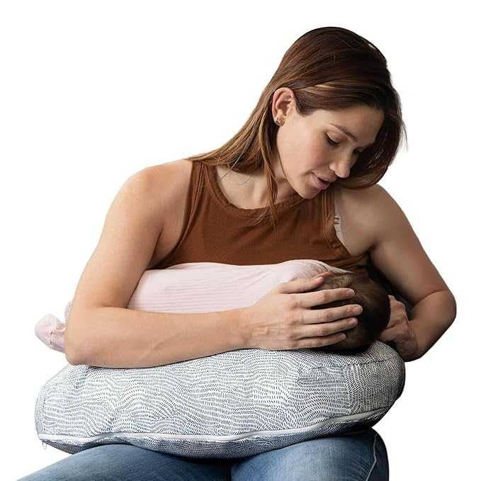Boppy Nursing Pillow - Ergonomic Bottle & Breastfeeding Pillow with High, Firm, Large Area, Water-Repellent Cushion with Washable Cover; Baby Safety Alliance Verified - Blue Speckled Current