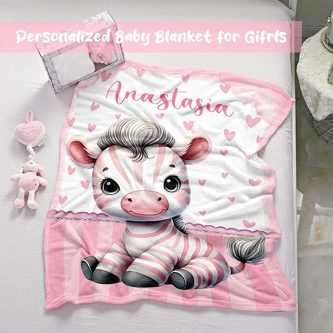 Personalized Baby Blanket for Girls, Custom Baby Blanket with Name, Soft Cozy Personalized Name Blankets for Kids, Customized Zebra Blanket for Infant Toddler Birthday Christmas