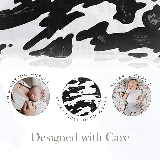 RED ROVR 100% Organic Cotton Muslin Swaddle | Newborn Receiving Blanket | Baby Wrap | Boy, Girl, Unisex | Soft, Lightweight, Breathable | Burping, Nursing, Swaddling | 44" x 44" | Moo Cow