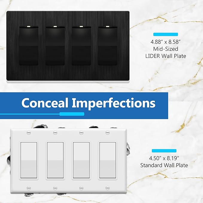 LIDER Brushed Finish Decorator Switch Cover, Screwless Wall Plate, Mid-Size 4-Gang 4.88" x 8.58", Unbreakable Polycarbonate Thermoplastic, UL Listed, LSWP-34M-BBK, Brushed Black