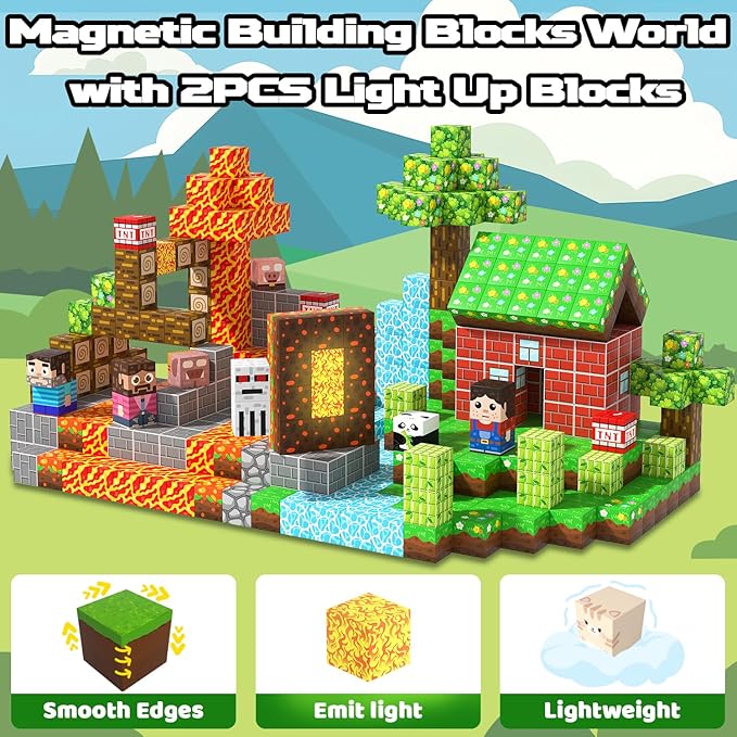 Magnetic Blocks, 150PCS Magnetic Building Blocks Light Up, Stacking Magnets for Kids, Sensory Toy for STEM Constructions Magnet Blocks for Boys Girls Age 3+, Christmas Birthday Gifts