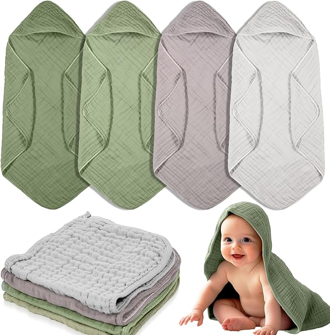 VitalCozy 8 Pcs Baby Muslin Hooded Bath Towels and Washcloths, 32 x 32 Inch Muslin Hooded Baby Towels Absorbent Blankets for Gift Newborn Infant Shower (Morandi Color)