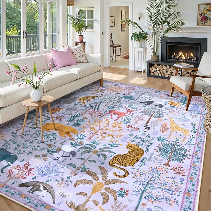 OJIA Animal Kids Room Rugs Washable Area Rug 8x10 Nursery Rug, Boho Rugs for Living Room Playroom 8 x 10 Bedroom Carpet, Non-Slip Ultra-Thin Indoor Large Floor Carpet for Dining Room Farmhouse