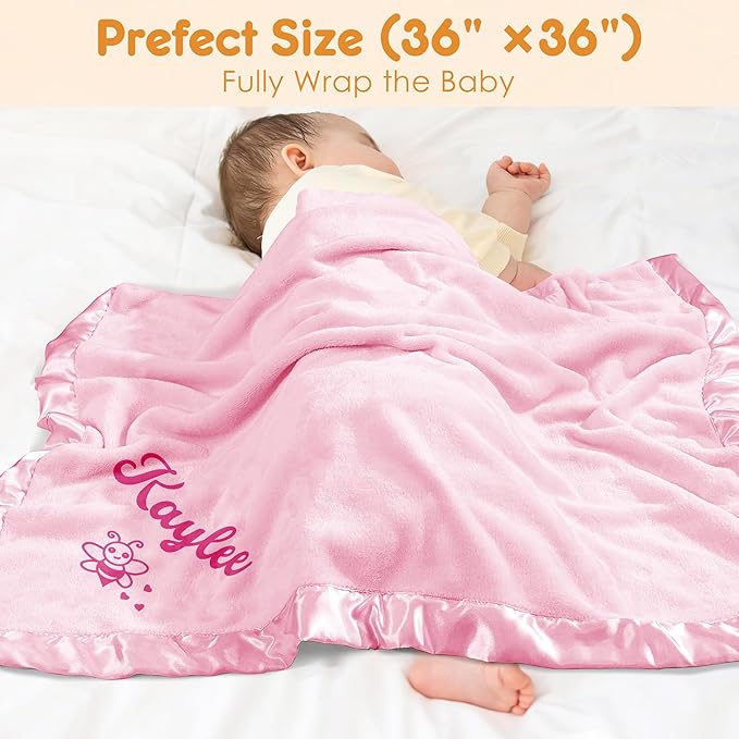 Personalized Baby Blanket with Name, Custom Flannel Swaddle Blankets, Customized Embroidered Receiving Blanket for Girls, Baby Shower Birthday for Newborn - Pink(36" x 36")