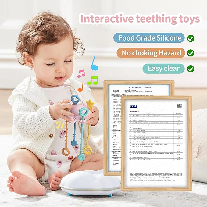 Montesorri-Toys - Pull String Toys for Baby - Made of 100% Food Grade Silicone with Built-in Rattle Function and Easy to Clean Design (Pink)