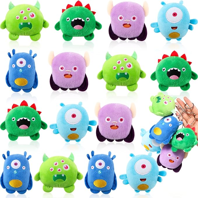 Aoriher 15 Pcs Monster Stuffed Toys Bulk Mini Stuffed Animals 3.2 Inches Small Plush Keychain for Operation Christmas Items Baby Shower Favors Bag Fillers Halloween Classroom Prizes, 5 Styles
