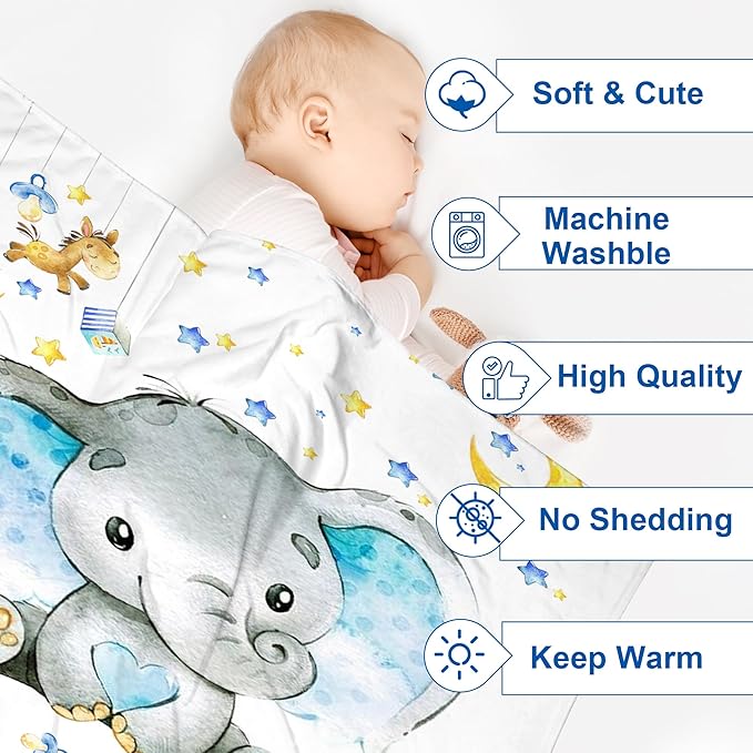 J&SBGFT Custom Baby Blanket with Name, Elephant Receiving Blanket for Toddlers Kids Nursery Stroller Crib Cuddles
