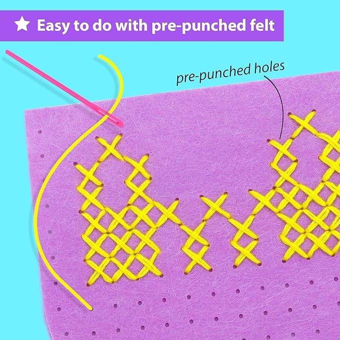 KRAFUN Beginner My First Cross Stitch Kit for Kids Arts & Crafts, 6 Easy Projects of Felt Keyring, Bag, Pillow Craft, Instructions, Gift for Girls and Boys, Learn DIY Crafting, Embroidery