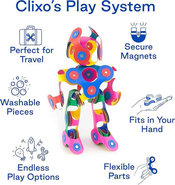 Clixo Rainbow 42 Piece Pack. Flexible Imagination Boosting Magnetic Building Toy. Modular Designs for Hours of STEM Play. Kids Basket Stuffer Gift. Multi-Sensory Magnet Toy, Travel Friendly. Ages 4-99