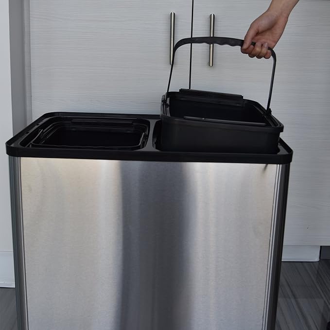 iTouchless 16 Gallon Touchless Sensor Kitchen Trash Can and Recycle Bin with Wheels, 60 Liter Stainless Steel Dual-Compartment (2 x 8 Gallon) Combo Recycling and Garbage Trashcan