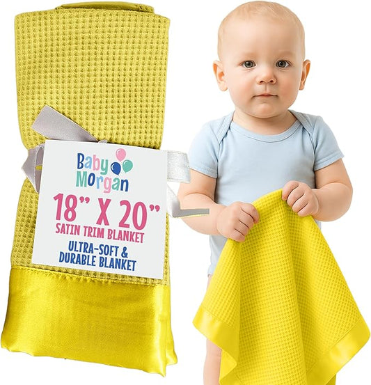 Thermal Waffle Knit Baby Blanket - Soft Breathable Mini Blanket for Newborns and Infants - Toddler Blankey for Strollers, Travel, Naptime, Nursery and More - 18" x 20" (Yellow, Satin Trim)