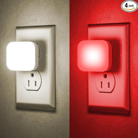 myCozyLite Red Night Lights Plug into Wall, Warm White Light, 2 in 1, Plugin Nightlights 4 Pack, Dusk to Dawn Sensor, Dimmable, Automatic Lights, for Bathroom, Bedroom, Kitchen, Hallways, Nursery