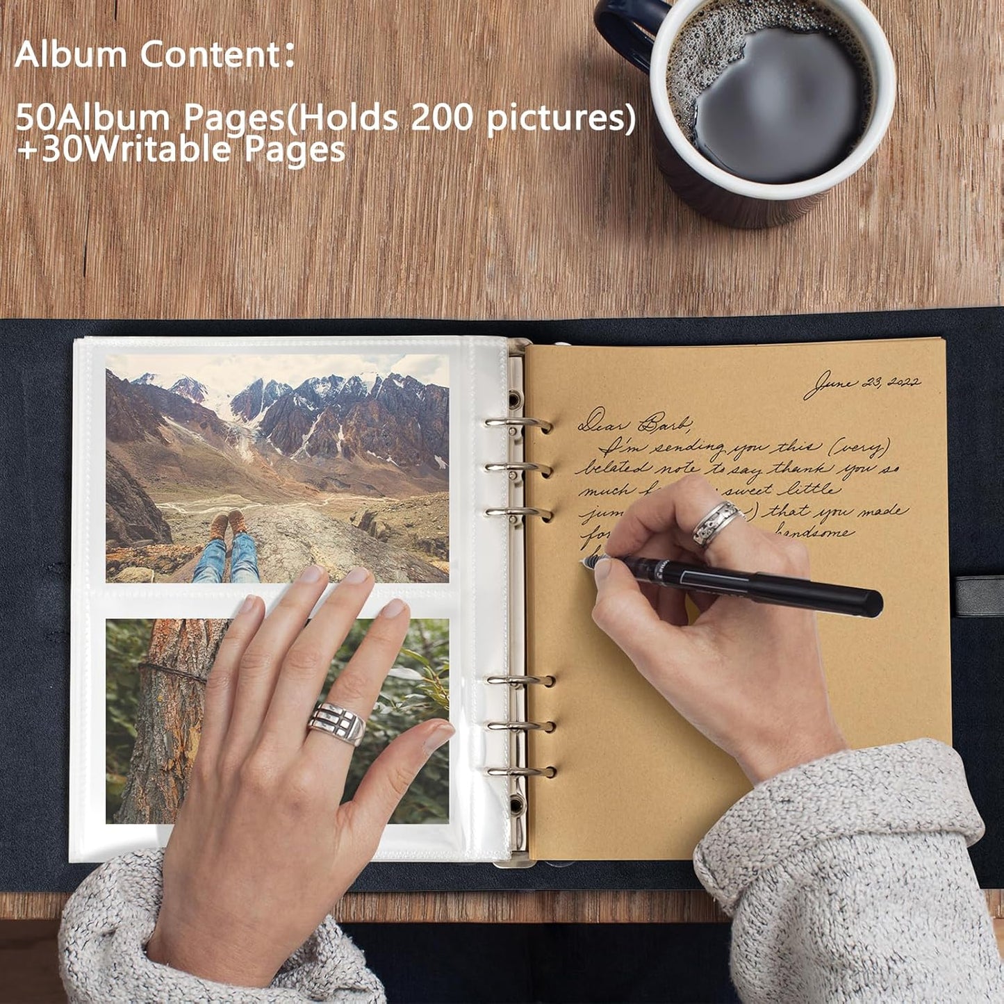 Photo Album 4x6 200 Photos, Genuine Leather Photo Albums with Writing Space with 30 Writing Paper, Travel Family Wedding Kids Graduation Ultrasound Baby Picture Album Scrapbook Photo Album（Blue）