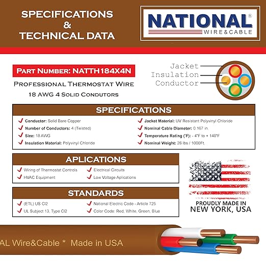 18/4 100Ft. NATIONAL Wire&Cable Thermostat Doorbell HVAC Heating Control Professional Cable Wire - Made in USA - 100% Solid Copper Conductors, CL2 ETL Listed, Low Voltage Applications Use