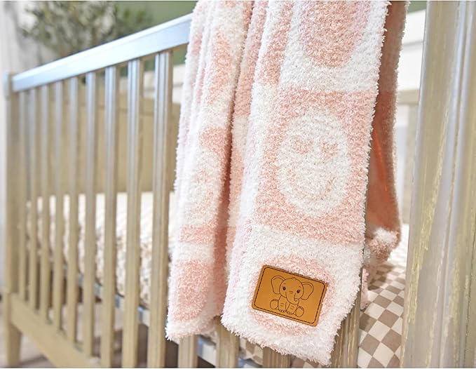 Checkered Smiley Face Baby Blanket 28"x40" - DreamSoft Knit Throw for Crib, Stroller or Car Seat - Receiving Blanket/Newborn Nursery Gift Essential for Toddler, Infant, Kids, Boys & Girls (Pink/White)