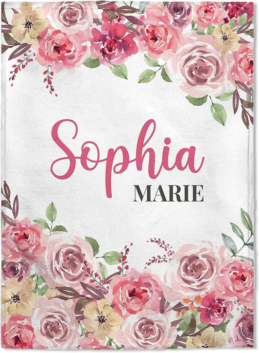FLOCHIL Personalized Baby Blankets, Custom Baby Blanket - Baby Blanket with Name for Girls, Best Gift for Baby, Newborn Floral Plush Fleece (30x40)