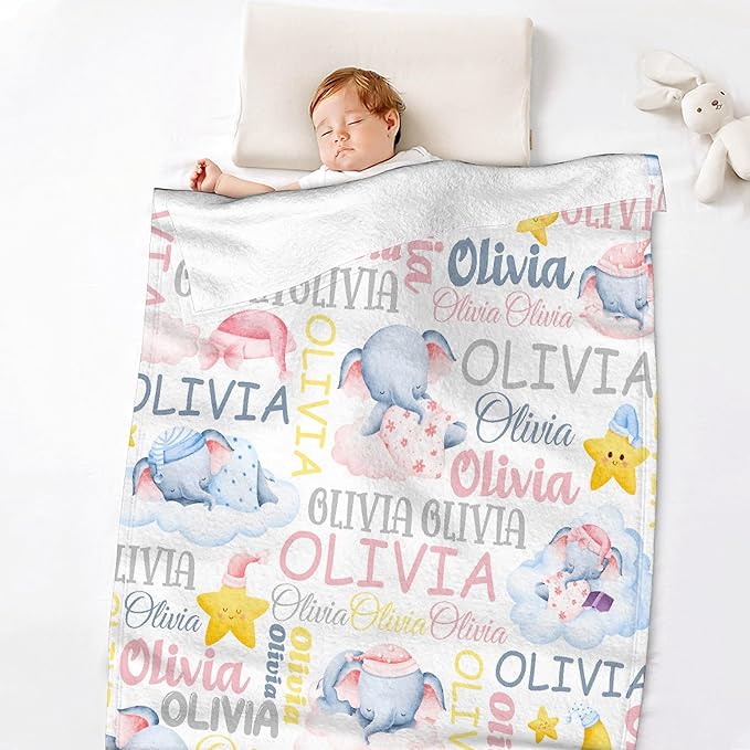 Personalized Baby Blanket for Girls Boys - Custom Elephant Swaddle With Name for Toddlers, Infants, Newborns - Nursery, Stroller, Crib Decor - Shower, Birthday Gift
