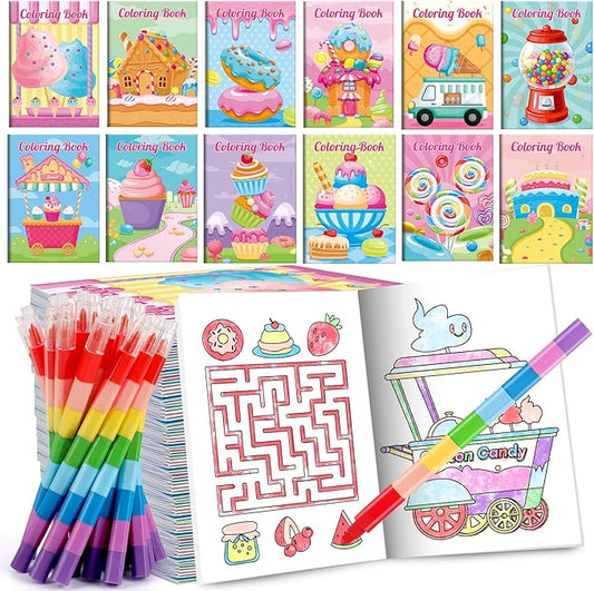 BenLouis 12 Donut Candyland Mini Coloring Books Kids with 12 Stacking Crayons Ice Cream Party Favors Small Activity Books Bulk for Kids Sweet Treats Desserts Birthday Party Gift Goodie Bag Stuffers